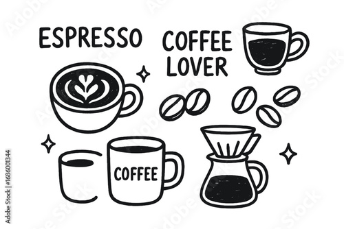 Coffee Lover Doodles. Coffee lover doodle set: hand drawn icons for espresso, latte art, beans, mugs, and brewing, isolated