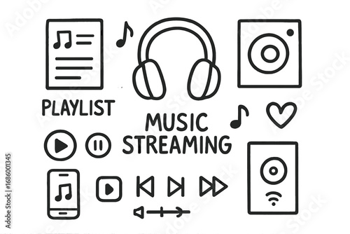 Music Streaming Icons. Music streaming doodle set: hand drawn icons for playlists, headphones, and audio devices, isolated