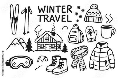 Winter Travel Icons. Winter travel doodle set: hand drawn icons for ski trips, cozy cabins, and cold weather packing, isolated
