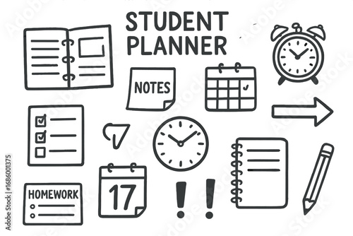 Student Planner Doodles. Student planner doodle set: hand drawn icons for organizing homework, deadlines, and notes, isolated