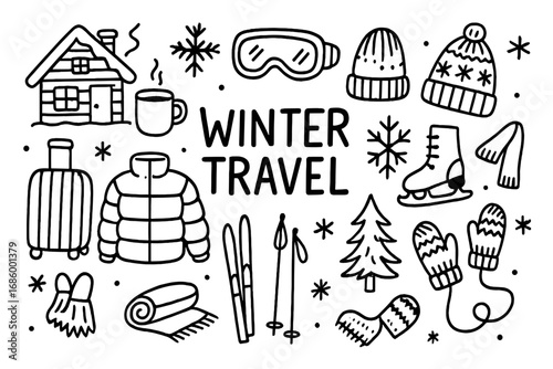 Winter Travel Icons. Winter travel doodle set: hand drawn icons for ski trips, cozy cabins, and cold weather packing, isolated