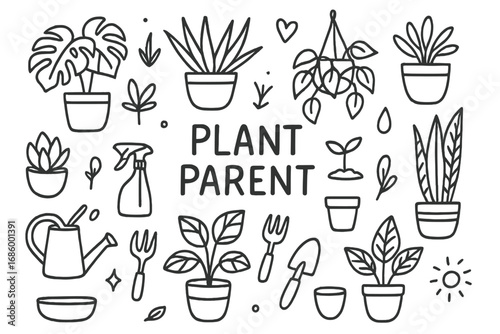 Indoor Plant Doodle Set. Plant parent doodle set: hand drawn icons for indoor plants, watering, pots, and care tools, isolated