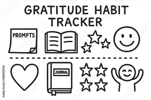 Gratitude Doodle Set. Gratitude habit tracker doodle set: hand drawn icons for prompts, journals, stars, and happy moments,