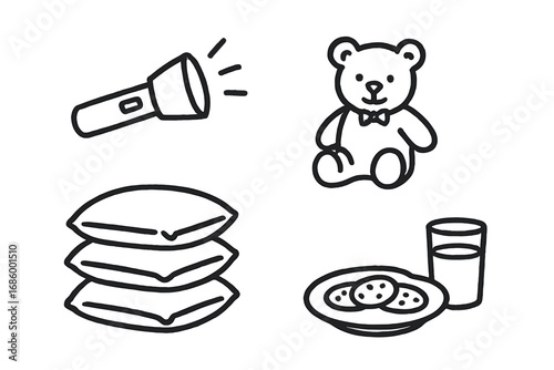 Sleepover Essentials Doodle Set. First sleepover doodle set: hand drawn icons for flashlights, stuffed animals, pillow piles, and