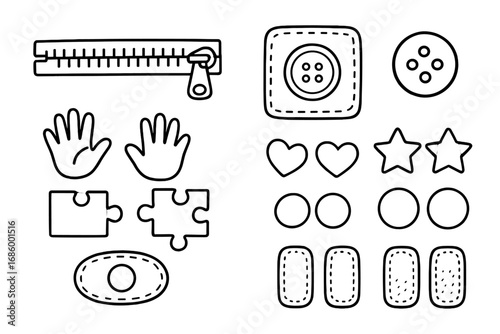 Quiet Book Doodle Icons. Quiet book elements doodle set: hand drawn icons for zippers, buttons, matching games, and Velcro pieces,