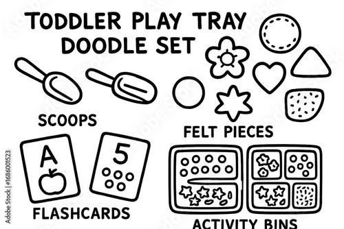 Toddler Play Tray Essentials. Toddler play tray doodle set: hand drawn icons for scoops, felt pieces, flashcards, and activity