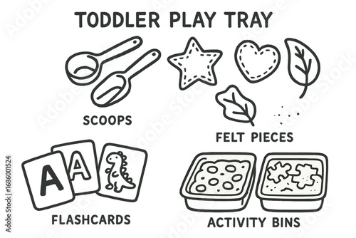 Toddler Play Tray Essentials. Toddler play tray doodle set: hand drawn icons for scoops, felt pieces, flashcards, and activity