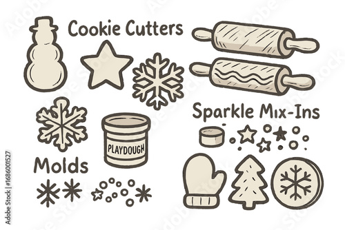 Winter Playdough Doodle Set. Winter themed playdough set doodle set: hand drawn icons for cookie cutters, rollers, sparkle mix-ins