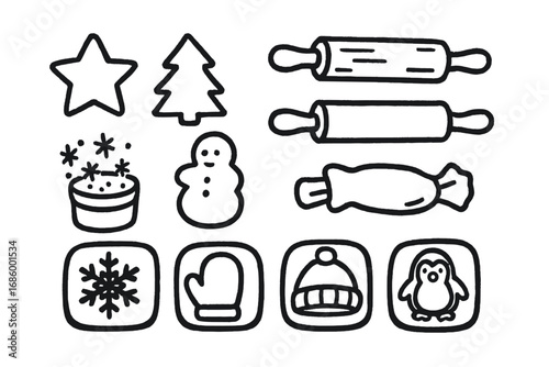 Winter Playdough Doodle Set. Winter themed playdough set doodle set: hand drawn icons for cookie cutters, rollers, sparkle mix-ins