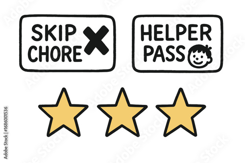 Kids' Chore Coupons. Printable chore coupons for kids doodle set: hand drawn icons for “skip chore”, “helper pass”, and gold stars