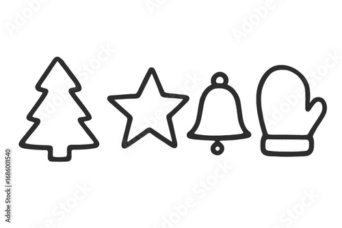 Festive Cookie Stencil Icons. Holiday cookie stencil set doodle set: hand drawn icons for tree, star, bell, and mitten shapes,