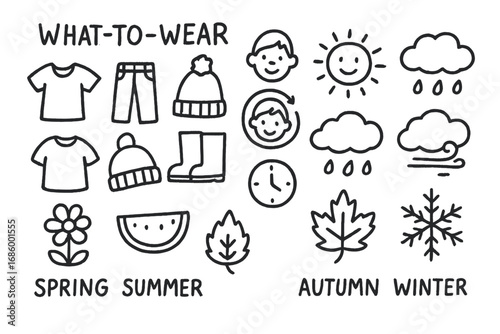 Kids Weather Doodle. Kids weather routine doodle set: hand drawn icons for what-to-wear icons, weather check, and seasonal cues,