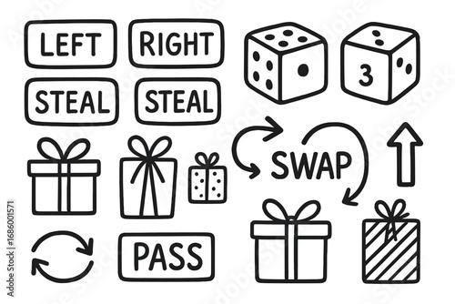 Gift Exchange Doodle Set. Printable gift exchange game doodle set: hand drawn icons for swap signs, dice, gift icons, and
