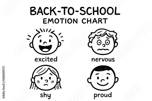 Back-to-School Emotions. Back-to-school emotion chart doodle set: hand drawn icons for excited, nervous, shy, and proud