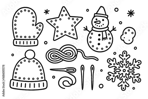 Winter Lacing Activity. Winter lacing card activity doodle set: hand drawn icons for punched shapes, yarn, needles, and snow