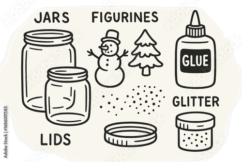 DIY Snow Globe Set. DIY snow globe supplies doodle set: hand drawn icons for jars, figurines, glue, glitter, and lids, isolated