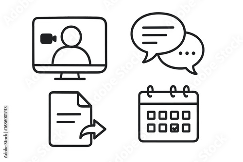 Remote Work Doodle Set. Remote team collaboration doodle set: hand drawn icons for video calls, chat bubbles, shared files, and