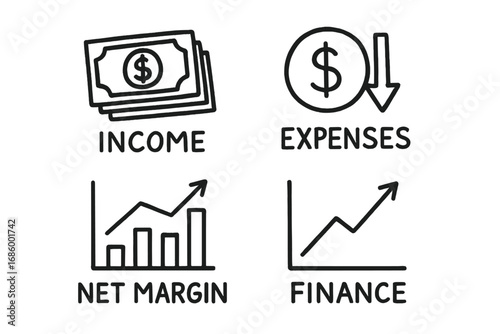Finance Doodle Set. Profit and loss statement doodle set: hand drawn icons for income icons, expenses, net margins, and finance