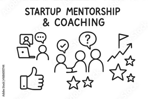 Startup Coaching Doodles. Startup mentorship and coaching doodle set: hand drawn icons for coaching calls, advice icons,