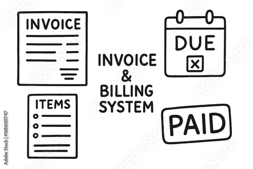 Invoice Doodle Icons. Invoice and billing system doodle set: hand drawn icons for invoice sheets, due dates, itemized lists, and