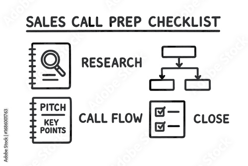 Sales Call Prep Icons. Sales call prep checklist doodle set: hand drawn icons for research notes, pitch key points, call flow