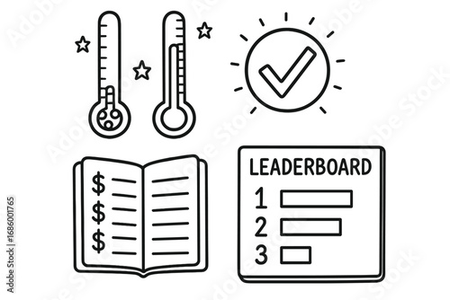 Sales Tracker Doodles. Sales commission tracker doodle set: hand drawn icons for bonus meters, goal checkmarks, earning logs, and