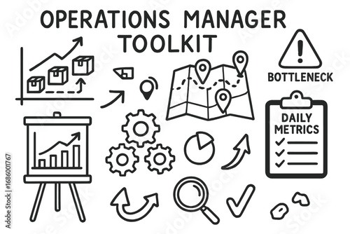 Operations Management Essentials. Operations manager toolkit doodle set: hand drawn icons for logistics charts, resource maps,
