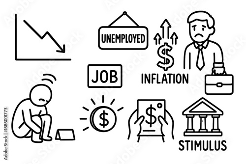 Economic Turmoil Icons. Economic recession symbols doodle set: hand drawn icons for falling charts, job loss, inflation spikes,