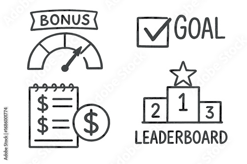 Sales Tracker Doodles. Sales commission tracker doodle set: hand drawn icons for bonus meters, goal checkmarks, earning logs, and