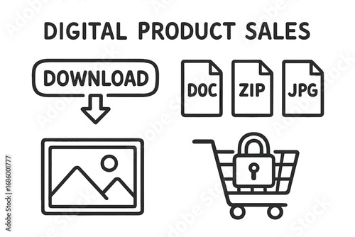 Digital Sales Doodle Icons. Digital product sales doodle set: hand drawn icons for download links, file types, preview images, and