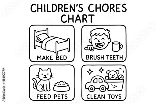 Chores Chart Doodles. Children’s chores chart doodle set: hand drawn icons for making bed, brushing teeth, feeding pets, and