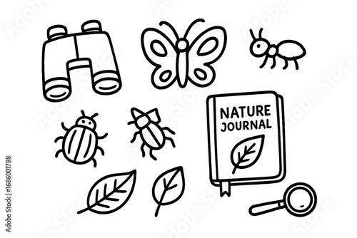 Kids Nature Doodle. Kids nature exploration doodle set: hand drawn icons for binoculars, bugs, leaves, nature journals, and