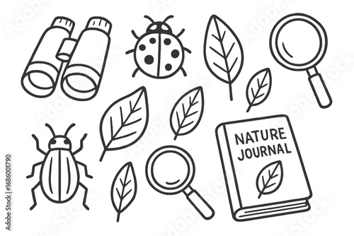 Kids Nature Doodle. Kids nature exploration doodle set: hand drawn icons for binoculars, bugs, leaves, nature journals, and