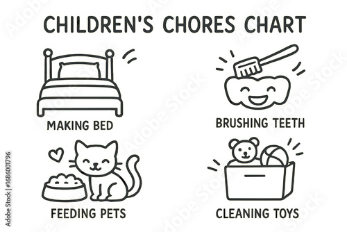Chores Chart Doodles. Children’s chores chart doodle set: hand drawn icons for making bed, brushing teeth, feeding pets, and