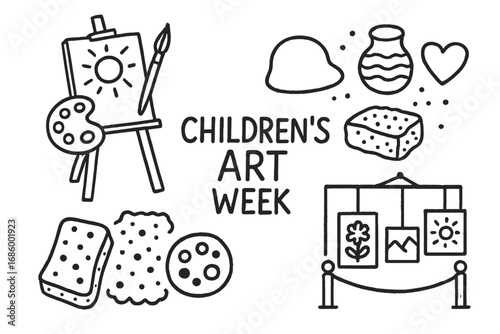 Children's Art Tools. Children’s art week doodle set: hand drawn icons for easel painting, clay shapes, sponge prints, and gallery