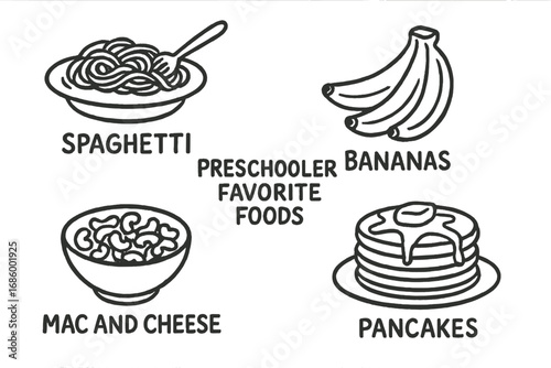 Preschooler Food Doodles. Preschooler favorite foods doodle set: hand drawn icons for spaghetti, bananas, mac and cheese, and
