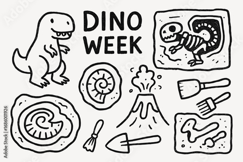 Dinosaur Doodle Set. Children’s dinosaur theme week doodle set: hand drawn icons for T-rex, fossils, volcanoes, and digging kits,