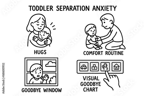 Toddler Separation Icons. Toddler separation anxiety doodle set: hand drawn icons for hugs, comfort routine, goodbye window, and