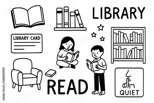 Library Icon Doodle Set. Library visit doodle set: hand drawn icons for books, reading corners, borrowing cards, and quiet time,