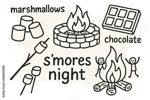 S'mores Night Doodles. S’mores night doodle set: hand drawn icons for marshmallows, firepit, chocolate, and campfire fun, isolated