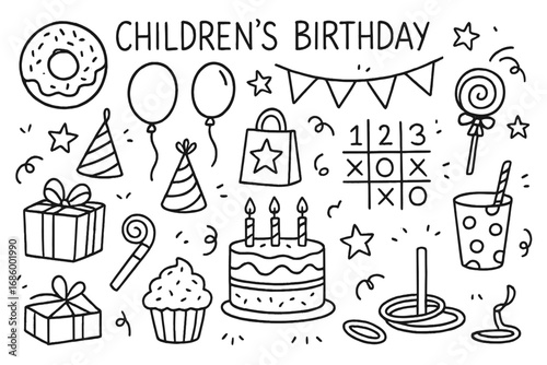 Birthday Party Doodle Set. Children’s birthday doodle set: hand drawn icons for themed parties, gift bags, and games, isolated
