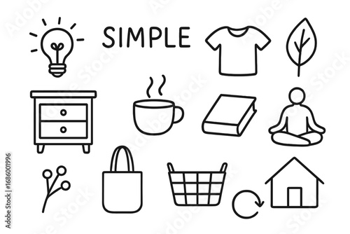 Minimalist Icon Set. Minimalist lifestyle doodle set: hand drawn icons for simplicity, mindful objects, and decluttered design,
