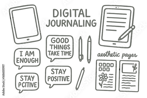 Digital Journaling Icons. Digital journaling doodle set: hand drawn icons for tablets, stylus pens, affirmations, and aesthetic