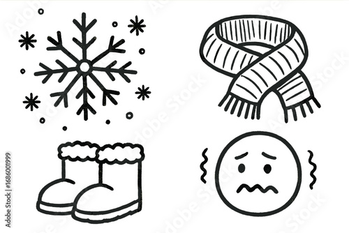 First Snow Doodles. First snow doodle set: hand drawn icons for snowflakes, scarves, boots, and chilly wonder, isolated