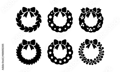 Black silhouette christmas wreaths with bows set for festive decor