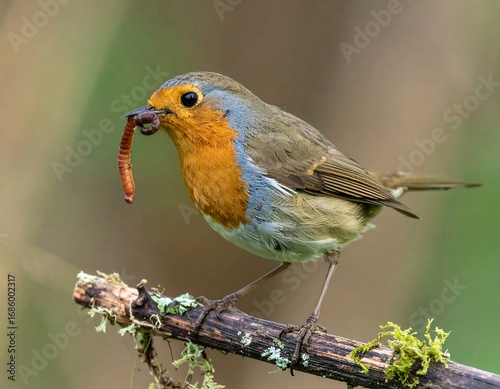 Robin with worm on branch