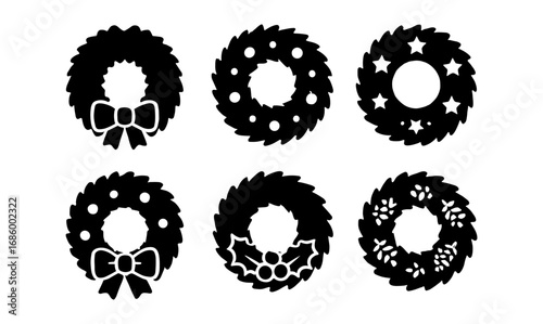 Christmas wreaths set: silhouette ornament designs with bows and stars