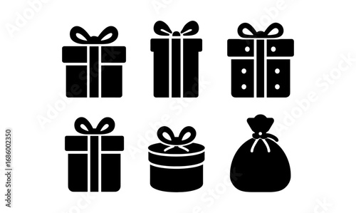 Silhouette gift box icons assortment in black and white minimalist style