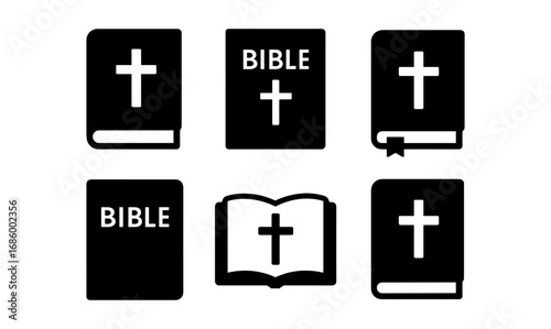 Set of bible icons with cross symbols in simple black silhouette style