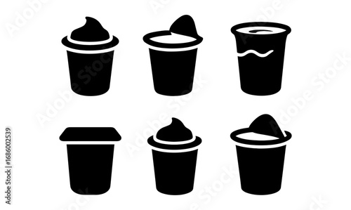 Silhouette icons of beverages: cups with ice cream, lids, and straw